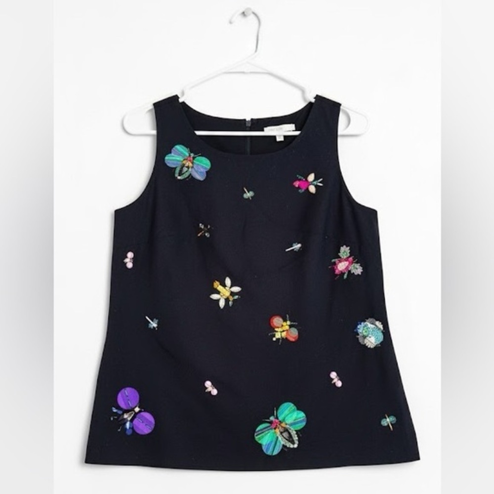 Talbots RSVP Navy Faille Beaded Sequin Bug Motif Shell Tank Top Size 4